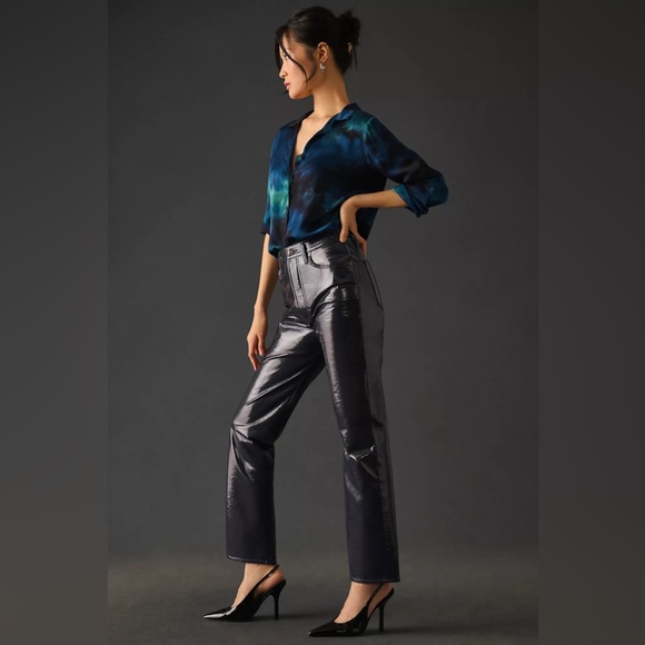 AGOLDE Recycled Leather 90's Pinch Waist Straight Leg Pants in Carbon (32) - Picture 3 of 14